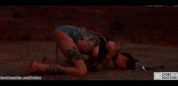  Ass eating bondage slave cries while her feet get caned outdoors in the dirt - Rocky Emerson